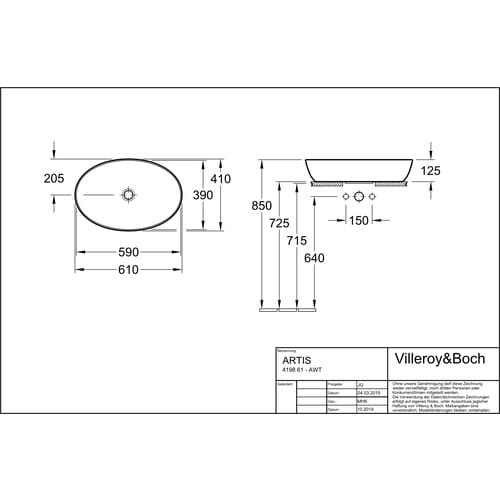 Artis V&B umywalka na blacie owalna bez miejsca na armaturę 610x410mm white alpin Ceramicplus - 419861R1
