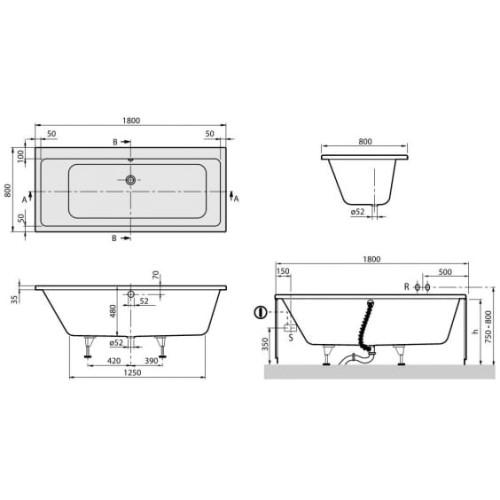 Subway Duo Villeroy & Boch wanna akrylowa prostokatna 180x80 - UBA180SUB2V-01 rys