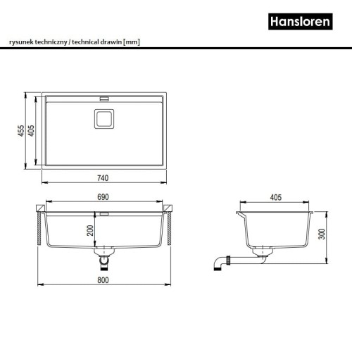 Delicja Hansloren zlewozmywak konglomeratowy podwieszany 455x740 alumetalik – D7AO-1PMB rysunek