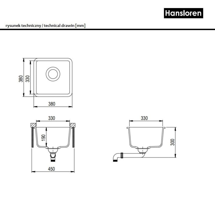 Bianco Hansloren zlewozmywak konglomeratowy podwieszany 380x380 czarny – B3CO-1PMB_rysunek techniczny