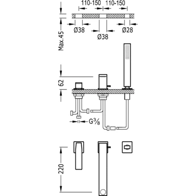Slim-Tres Bateria wannowa trzyotworowa wylewka 220mm chrom - 20216101