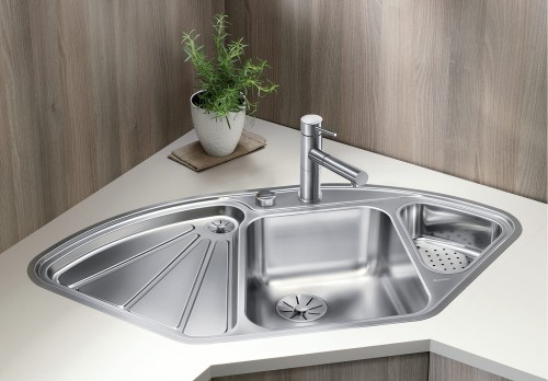 Delta-IF Blanco zlewozmywak narożny + odsączarka stalowa + k. aut stal polerowana