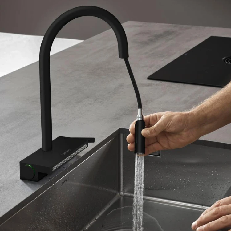 Aquno_Select_M81_Hansgrohe_bateria_kuchenna_czarny_mat_73831670_z_wyciąganą_wylewką