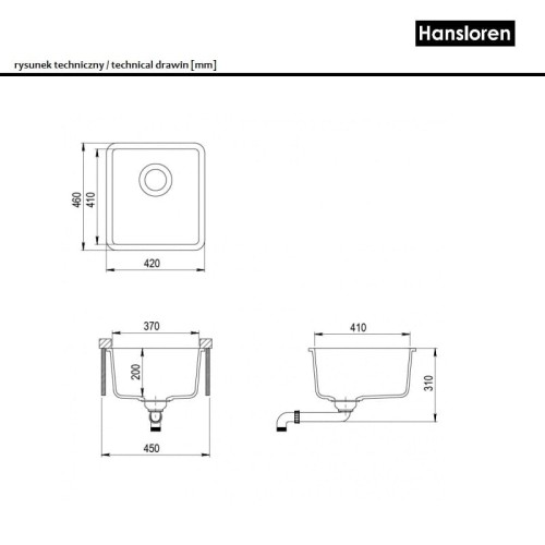 Bianco Hansloren zlewozmywak konglomeratowy podwieszany 420x460 espresso – B4EO-1PMB rysunek