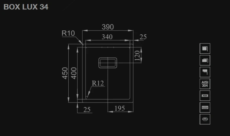 Box Lux 34 Hansloren by Rodi zlew podblatowy 340x400 korek manulany stal szczotkowana - B3SN-1PMB