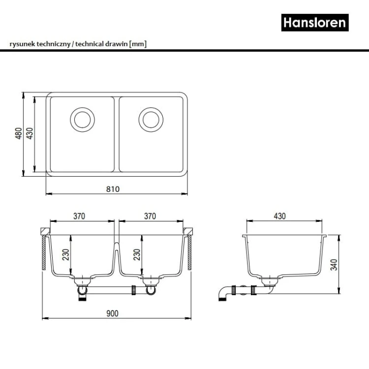 Bianco Hansloren zlewozmywak konglomeratowy podwieszany 810x480 czarny - B8CO-3PMB rysunek