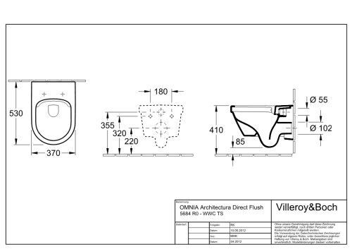 Architectura V&B miska WC bez kołnierza wewnętrznego model podwieszany DirectFlush odpływ poziomy 370x530mm white alpin – 5684 R0 01