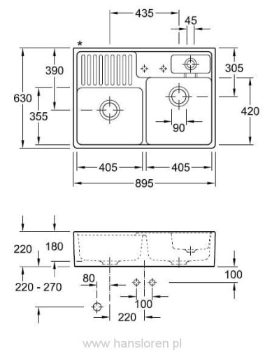 Zlewozmywak ceramiczny modułowy V&B Classicline dwukomorowy kucheny 90 korek automatyczny graphite - 632392I4