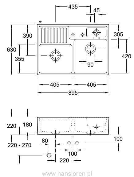 Zlewozmywak ceramiczny modułowy V&B Classicline dwukomorowy kucheny 90 korek automatyczny graphite - 632392I4