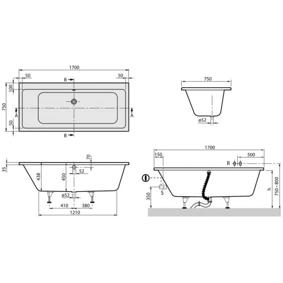 Subway Duo Villeroy & Boch wanna prostokątna 170x75 - UBA170SUB2V-01 rys