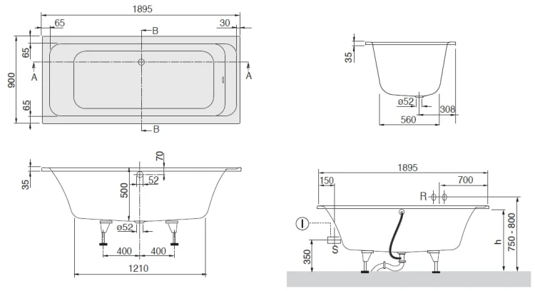 Architectura Duo wanna prostokątna 190x90 biała - UBA 199 ARA 2V-01