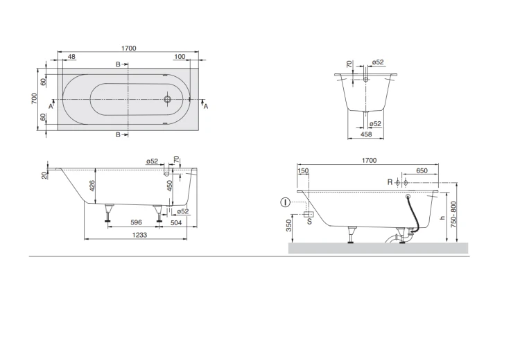 Oberon V&B Wanna prostokątna 1700x700 mm white alpin – UBQ177OBE2V-01