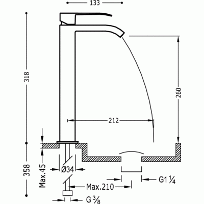 Cuadro-Tres Bateria umywalkowa wys 318 z wylewką typu kaskada dźwignia chrom  – 00681001