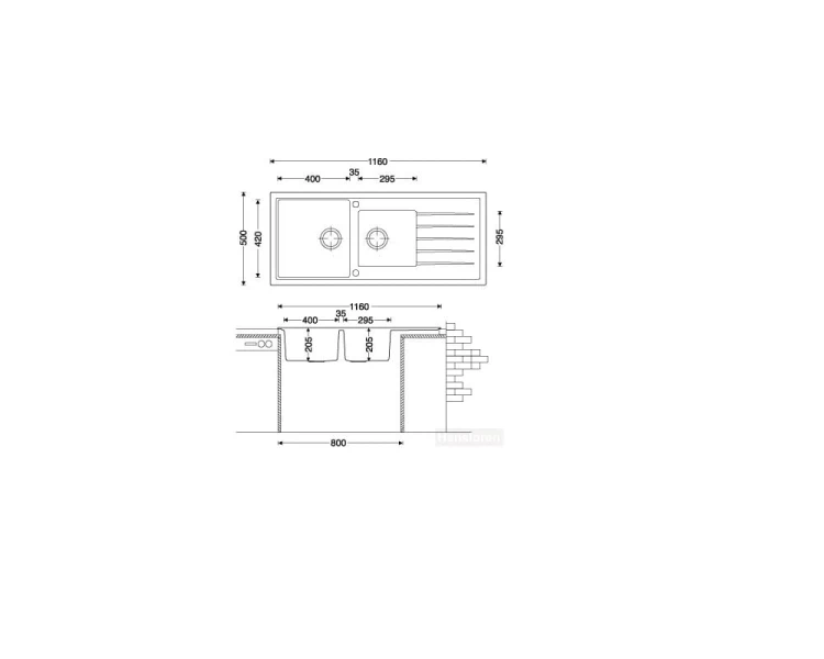 Polka Hansloren zlew granitowy 2 komory  500x1160 biały POBO-3WMD