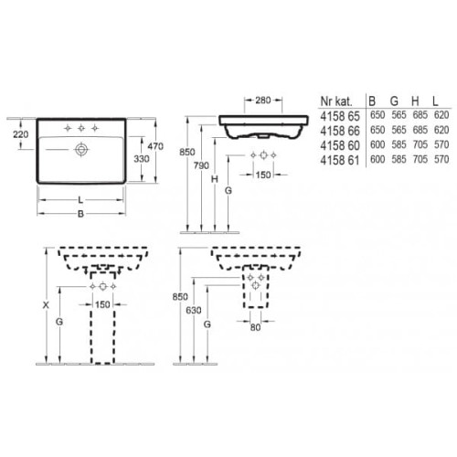Avento V&B umywalka prostokątna wybity środkowy otwór pod armaturę 600x470mm white alpin Ceramicplus - 4158 60 R1