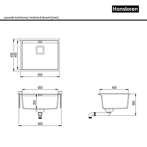Delicja Hansloren zlewozmywak konglomeratowy podwieszany 455x555 alumetalik – DEAO-1PMB - rysunek