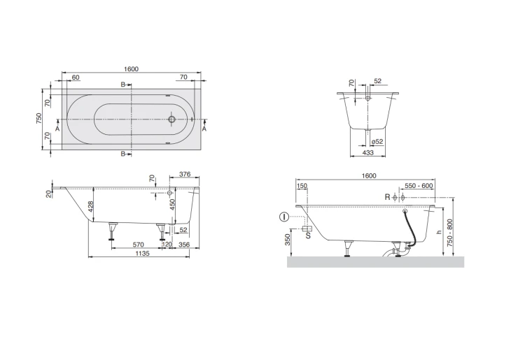 Oberon V&B Wanna prostokątna 1600x750 mm white alpin – UBQ160OBE2V-01