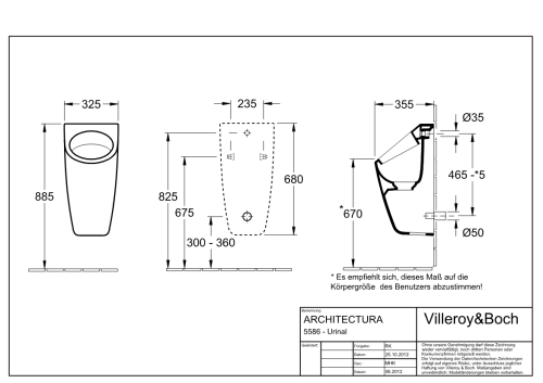 Architectura V&B pisuar dopływ i odpływ zakryty 325x680x355mm white alpin - 5586 05 01