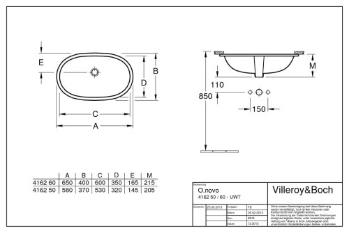 O.novo V&B Umywalka podblatowa owalna bez miejsca na armaturę z przelewem 600x350 mm weiss alpin Ceramicplus - 4162 60 R1
