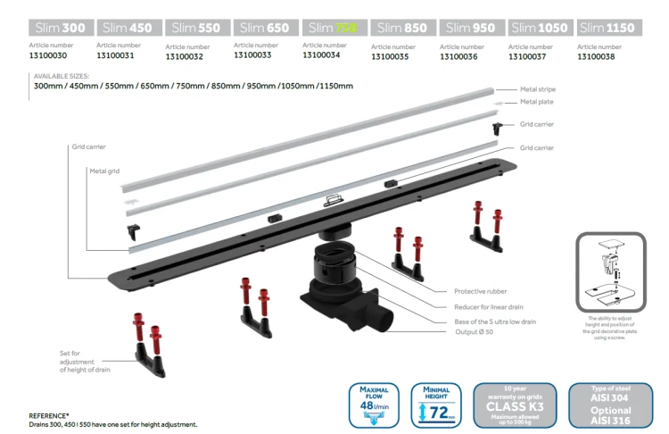 Estera SlimLine odpływy liniowe 750 mm do płytki 5-20 mm