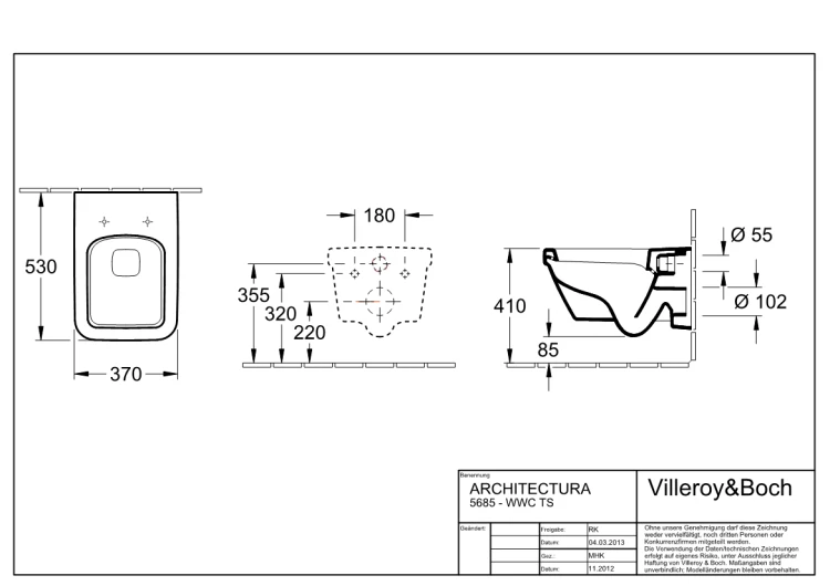 Architectura V&B miska WC podwieszana bez kołnierza wewnętrznego DirectFlush prostokątna odpływ poziomy 370x530mm weiss alpin Ceramicplus – 5685 R0 R1