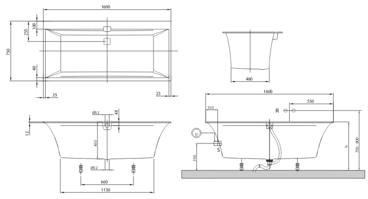 Squaro Edge 12 Villeroy&Boch wanna prostokątna quaryl 1600x750 biała - UBQ160SQE2DV-01
