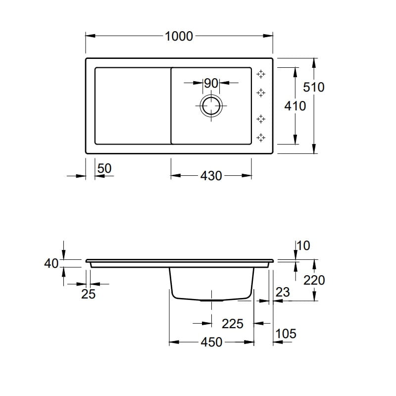 Timeline 60 Premiumline V&B zlewozmywak ceramiczny 510x1000 snow white 679001KG wymiary