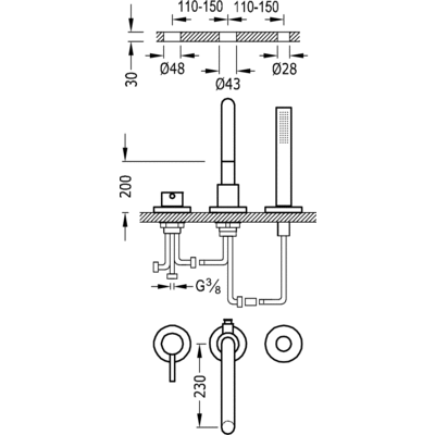 Study-Tres Bateria wannowa trzyotworowa  dźwignia chrom - 26215001