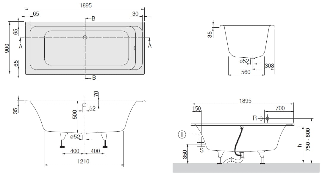 Architectura Duo wanna prostokątna 190x90 biała - UBA 199 ARA 2V-01