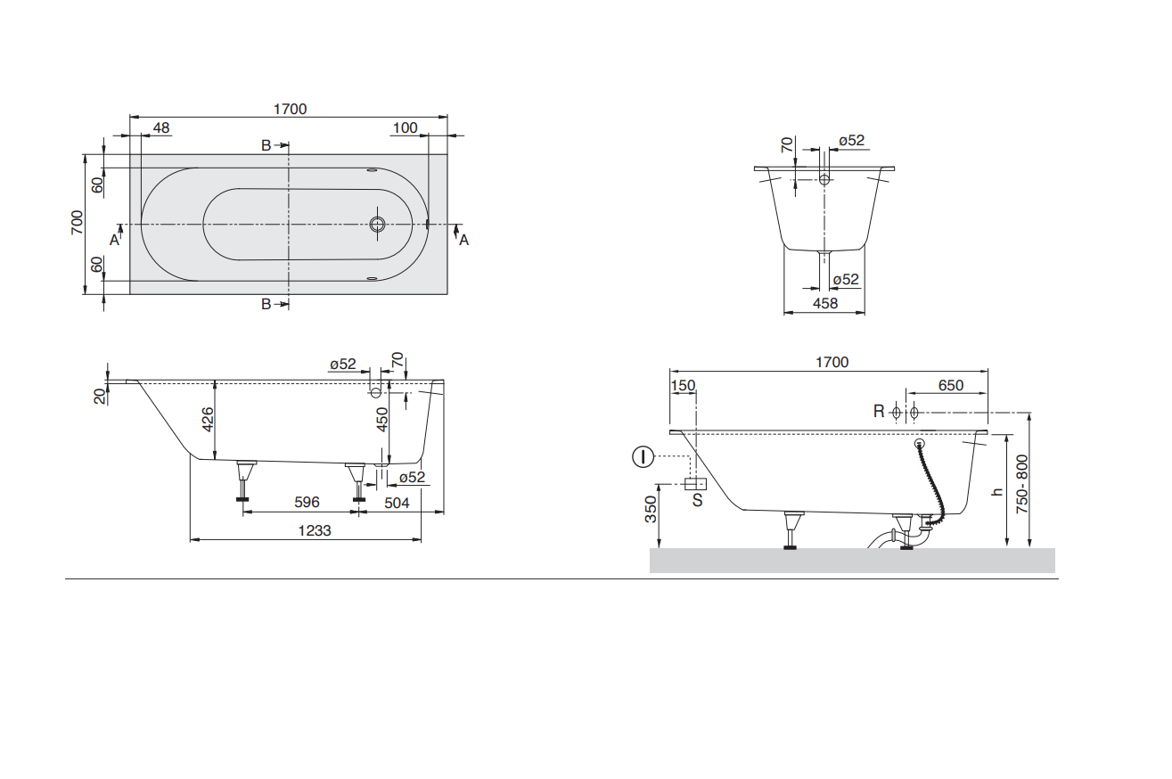 Oberon V&B Wanna prostokątna 1700x700 mm white alpin – UBQ177OBE2V-01