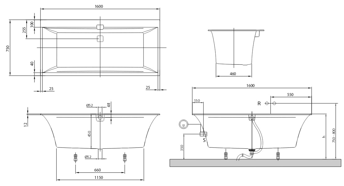 Squaro Edge 12 Villeroy&Boch wanna prostokątna quaryl 1600x750 biała - UBQ160SQE2DV-01